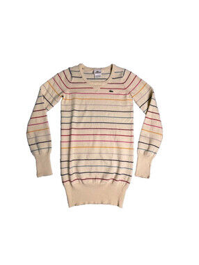 Lacoste Wool Sweater Womens 36 Cream Striped Long Sleeve Preppy Tennis Knit Top